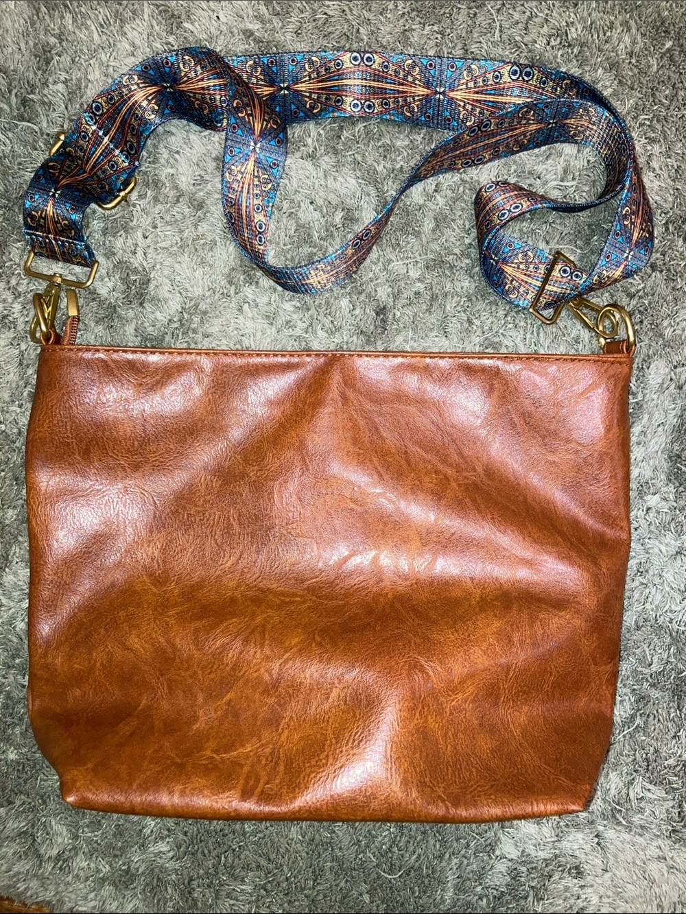C.C. Boutique Brown Crossbody Bag with Patterned Blue Strap